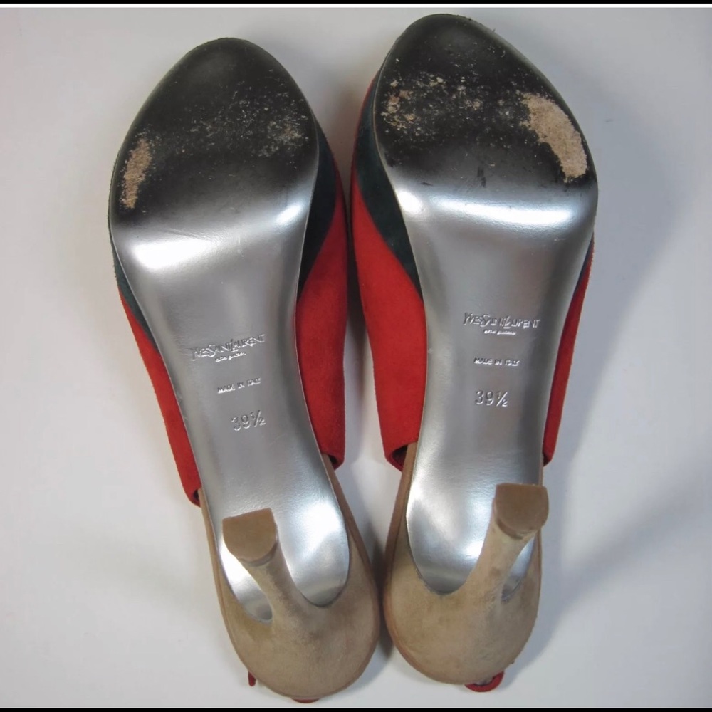 St. Laurent YSL Sling Back Peep Toe Pumps Red - Picture 6 of 7